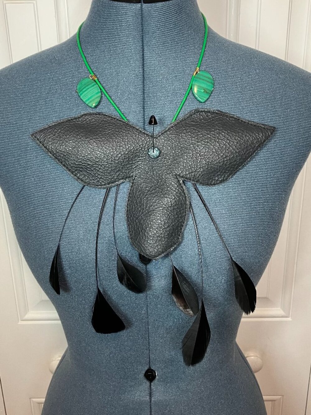 Handcrafted Black Bat Orchid Leather and Gemstone Necklace - 20"L.